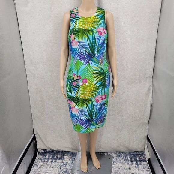 Maggy London Silk Blue Green Tropical Print Sleeveless Midi Sheath Dress Y2K - Picture 2 of 10